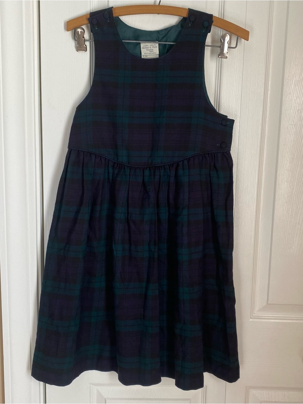Laura Ashley Vintage Navy Plaid Pinafore Jumper Dress Kids 9/10 Wool Cotton